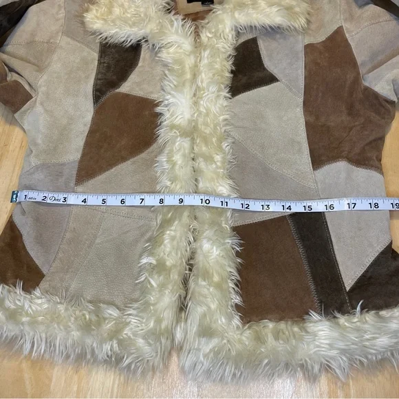 Vintage STATIC Genuine Suede Leather Patchwork Faux Fur Trim Jacket - Brown/Tan - Picture 11 of 16